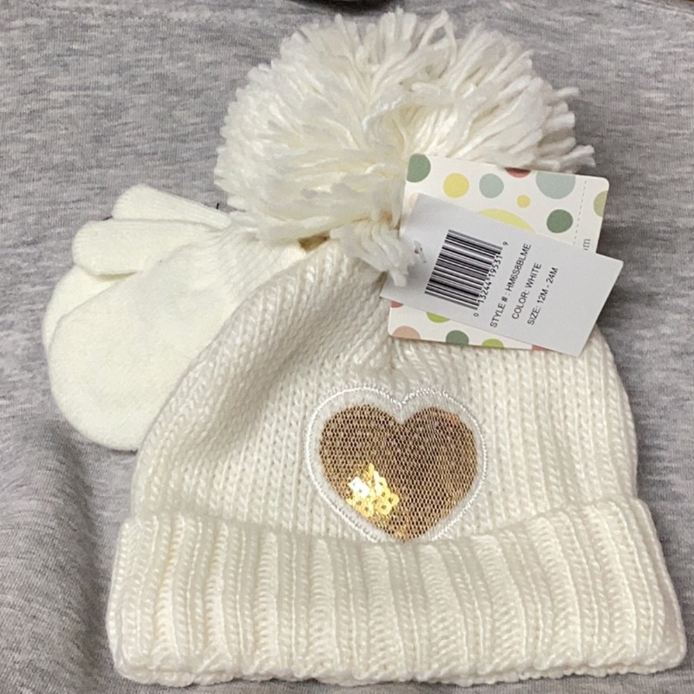 Little Me Ivory Heart Hat and Mitten Set 12-24 months